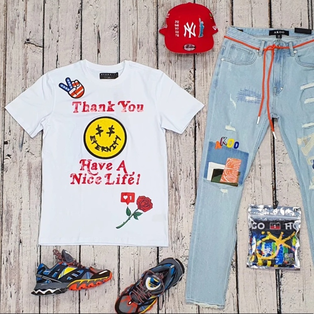 Eternity AC/ BD Thank You Have a Nice Life Smiley Face Patch T- Shirt XL NWOT